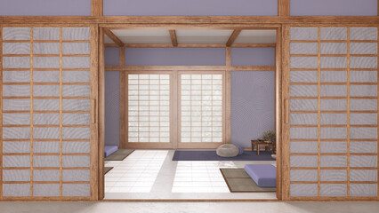 Minimal meditation room in white and purple tones with paper door. Capet, pillows and tatami mats. Wooden beams and wallpaper. Japandi interior design