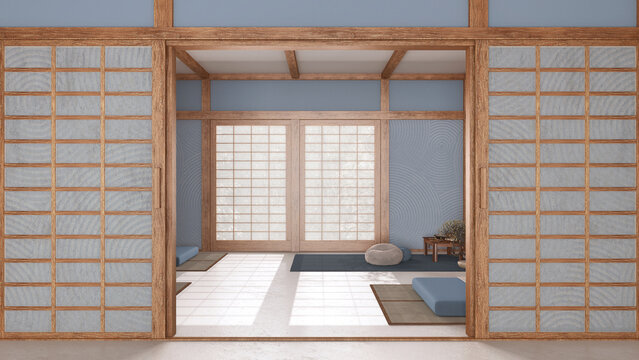 Minimal meditation room in white and blue tones with paper door. Capet, pillows and tatami mats. Wooden beams and wallpaper. Japandi interior design