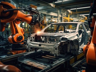Automated Robot Arm Assembly Line Manufacturing Advanced High-Tech Car.