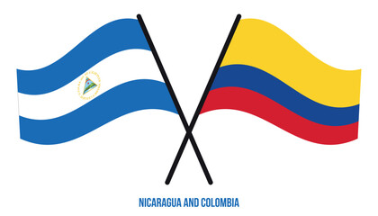 Nicaragua and Colombia Flags Crossed And Waving Flat Style. Official Proportion. Correct Colors.