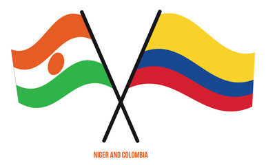 Niger and Colombia Flags Crossed And Waving Flat Style. Official Proportion. Correct Colors.