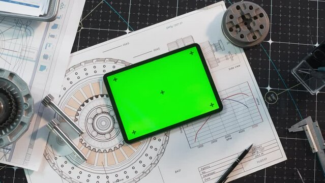 Top Zoom In View of a Tablet Computer with Mock Up Green Screen Chromakey Display with Motion Trackers Lying on an Engineer's Desk Next to Technical Blueprints and Drawings, Mechanical Parts