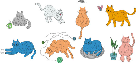 Obraz premium Doodle set of cute cartoon cats isolate on white. Hand drawn illustration for kids.