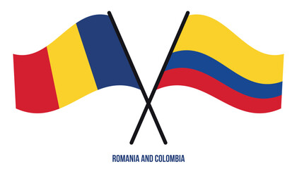 Romania and Colombia Flags Crossed And Waving Flat Style. Official Proportion. Correct Colors.