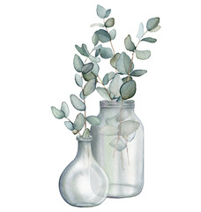 Eucalyptus, bouquet in a vase. Hand drawn clipart isolated on white background Watercolor floral illustration set green leaf branches collection, for wedding stationary, greetings, wallpapers, fashion