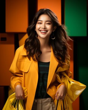 woman enjoy shopping asian stylish beauty female hand hold shopping bag while waking shopfront store department mall enjoy surprise sale bit discount promotion woman greeting shoping bags,ai generate