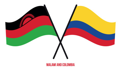 Malawi and Colombia Flags Crossed And Waving Flat Style. Official Proportion. Correct Colors.