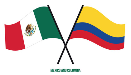 Mexico and Colombia Flags Crossed And Waving Flat Style. Official Proportion. Correct Colors.