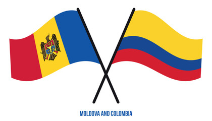 Moldova and Colombia Flags Crossed And Waving Flat Style. Official Proportion. Correct Colors.