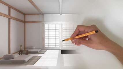 Architect interior designer concept: hand drawing a design interior project while the space becomes real, minimal meditation room with paper door and tatami mats with pillows