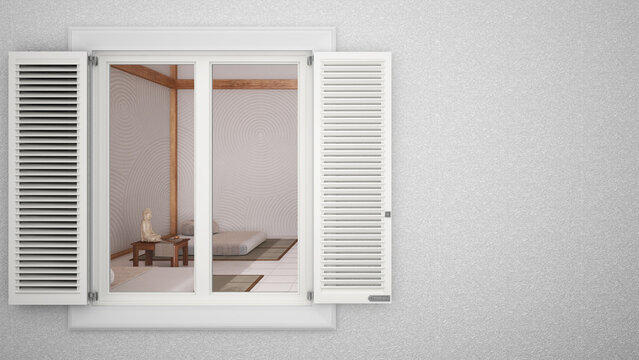 Exterior plaster wall with white window with shutters, showing interior meditation room, blank background with copy space, architecture design concept idea, mockup template