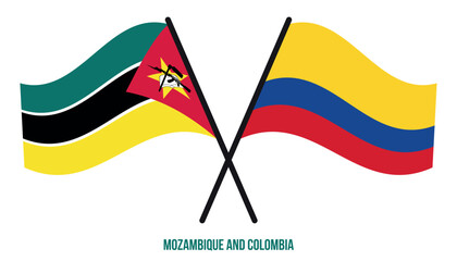 Mozambique and Colombia Flags Crossed And Waving Flat Style. Official Proportion. Correct Colors.