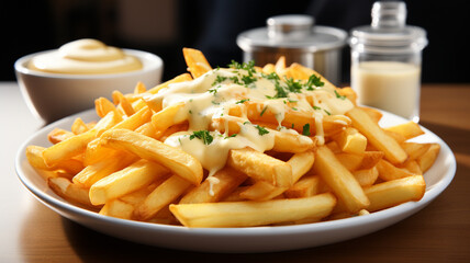 french fries with potato, ketchup and mayonnaise