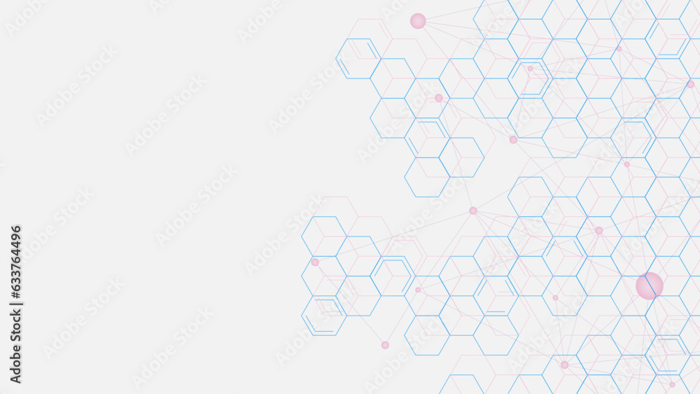 Poster abstract hexagons pattern with connecting dots and lines. global network connection, social networki