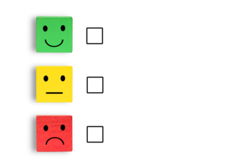 Emotion face symbol on Green, yellow and red wooden blocks, Consumers Show Satisfaction Rating concept by evaluating business success. Services and products and Customer Engagement, Quality Assessment