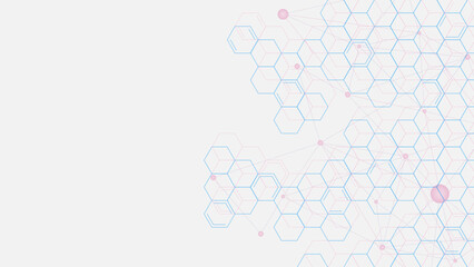 Abstract hexagons pattern with connecting dots and lines. Global network connection, social networking, science and technology background.