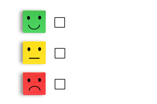 Emotion face symbol on Green, yellow and red wooden blocks, Consumers Show Satisfaction Rating concept by evaluating business success. Services and products and Customer Engagement, Quality Assessment