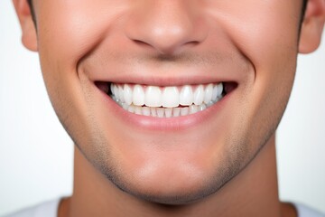 a close up photo of the lower part of a male face. handsome cute smile with very clean perfect teeth. chin, nose and mouth visible. dental service advertisement
