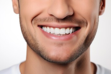 Fototapeta premium a close up photo of the lower part of a male face. handsome cute smile with very clean perfect teeth. chin, nose and mouth visible. dental service advertisement