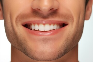 a close up photo of the lower part of a male face. handsome cute smile with very clean perfect teeth. chin, nose and mouth visible. dental service advertisement