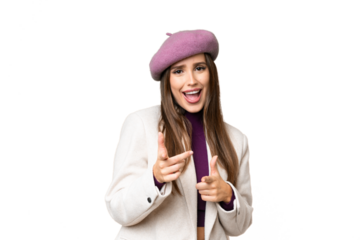 Young beautiful woman over isolated chroma key background pointing to the front and smiling