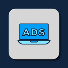 Filled outline Advertising icon isolated on blue background. Concept of marketing and promotion process. Responsive ads. Social media advertising. Vector