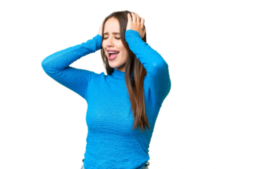 Young beautiful woman over isolated chroma key background stressed overwhelmed