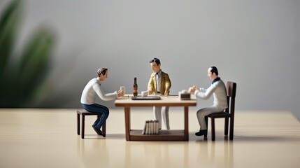 Miniature men sitting at dining table. Friends eat together and discuss business. Small toy men figurines created with Generative AI Technology - Powered by Adobe