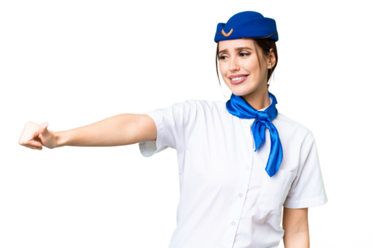 Airplane stewardess over isolated chroma key background giving a thumbs up gesture - Powered by Adobe