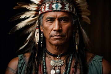 Indigenous native north american man with long hair.