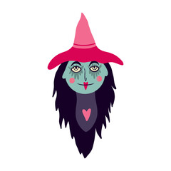 Little smiling funny witch for Halloween. Cartoon illustration for Halloween, Day of the Dead decoration