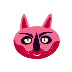 Pink funky kitty strange face .. Vibrant Halloween character. An illustration in a modern childish hand-drawn style