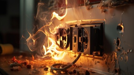 Electrical short circuit. Failure caused by burning wire and socket plug in house.