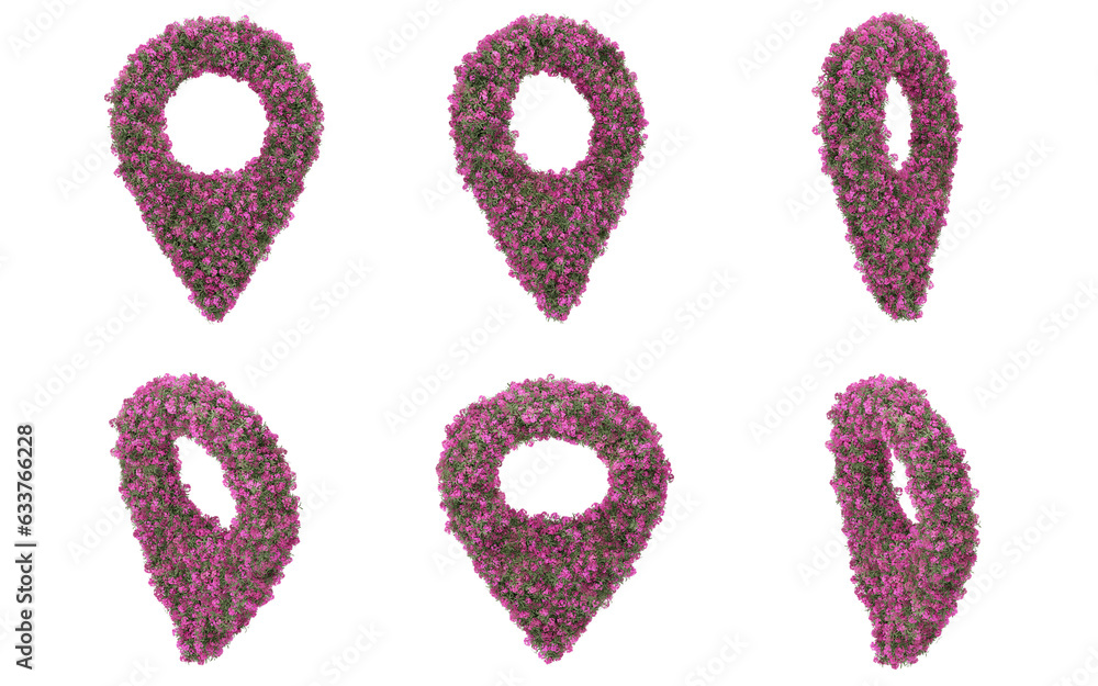 Poster map pointer-shaped garden bush. 3d rendering of isolated objects.