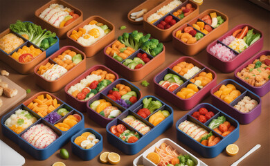 Obraz premium Deluxe Japanese Makunouchi bento boxes with rice,udon noodles, assortment of tsukemono preserved and nimono simmered vegetables, roast beef slices, sashimi, tofu, wagashi confectioneries on a tatami.