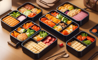 Deluxe Japanese Makunouchi bento boxes with rice,udon noodles, assortment of tsukemono preserved and nimono simmered vegetables, roast beef slices, sashimi, tofu, wagashi confectioneries on a tatami.