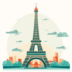 Fototapeta na wymiar Eiffel Tower on the background of the city. Design, illustration for t-shirt or poster print. Vector