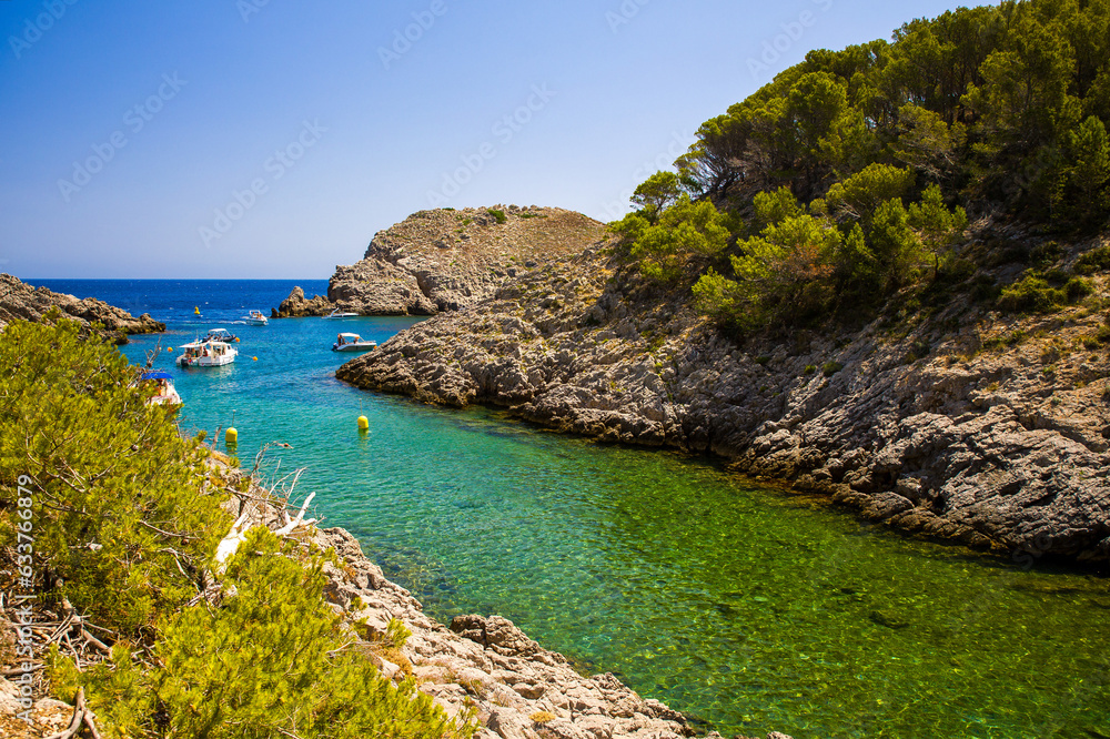 Wall mural a small bay near l'estartit with emerald green water in which a few boats are anchored