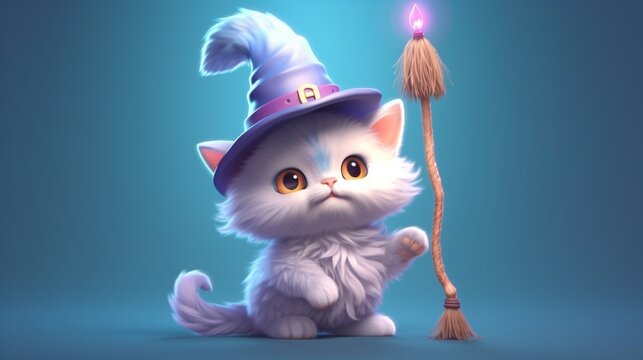 a cute tiny hyperrealistic cat with fantasy wizard.Generative AI