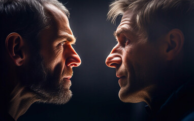 Two men in profile facing each other confront each other