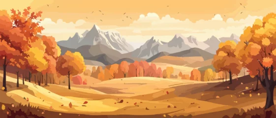 Foto op Aluminium Countryside panorama in autumn, vector horizontal banner of autumn landscape mountains and maple trees fallen with yellow foliage. simple vector © Павел Кишиков