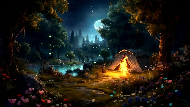 camping at night video with bonfire, nature, tree 