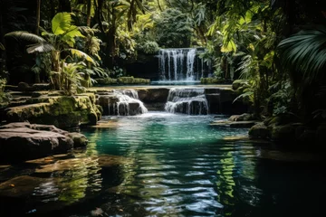 Fotobehang Waterfall hidden in the tropical jungle. Generative Ai. © Kowit