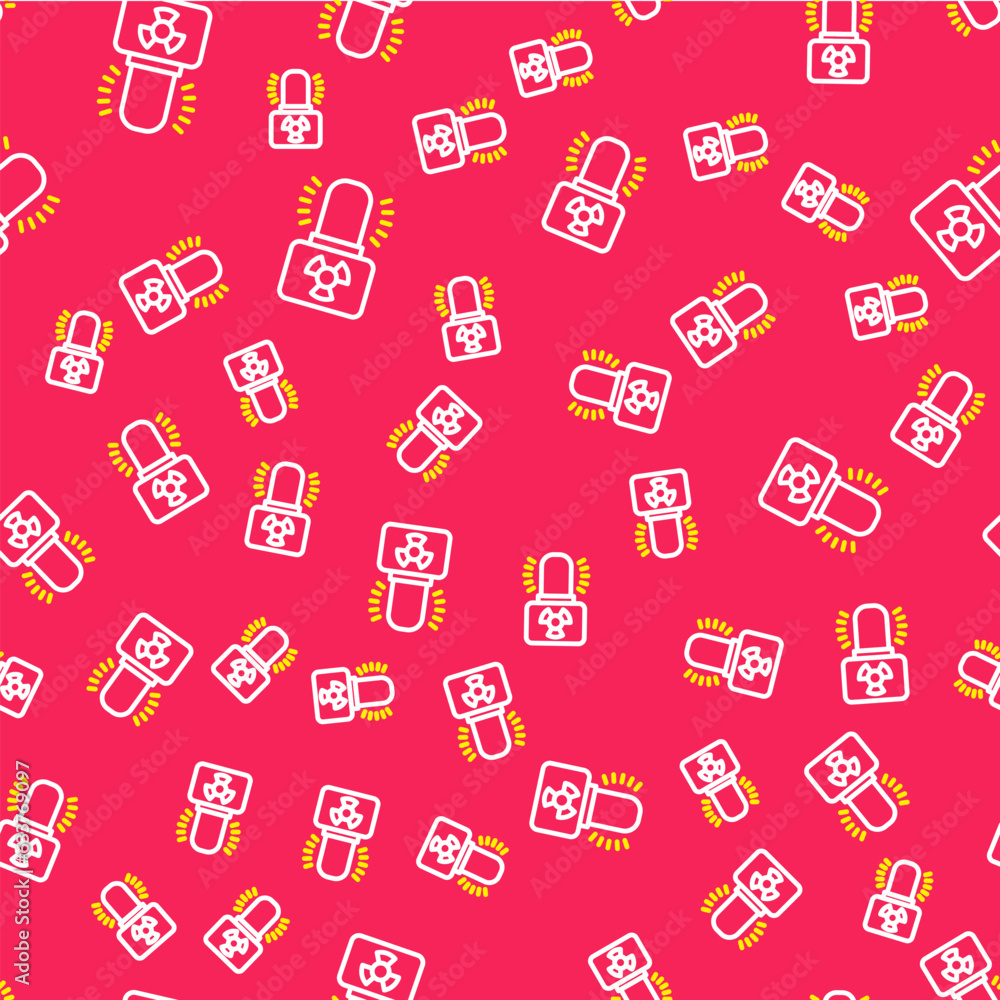Poster line radioactive warning lamp icon isolated seamless pattern on red background. vector