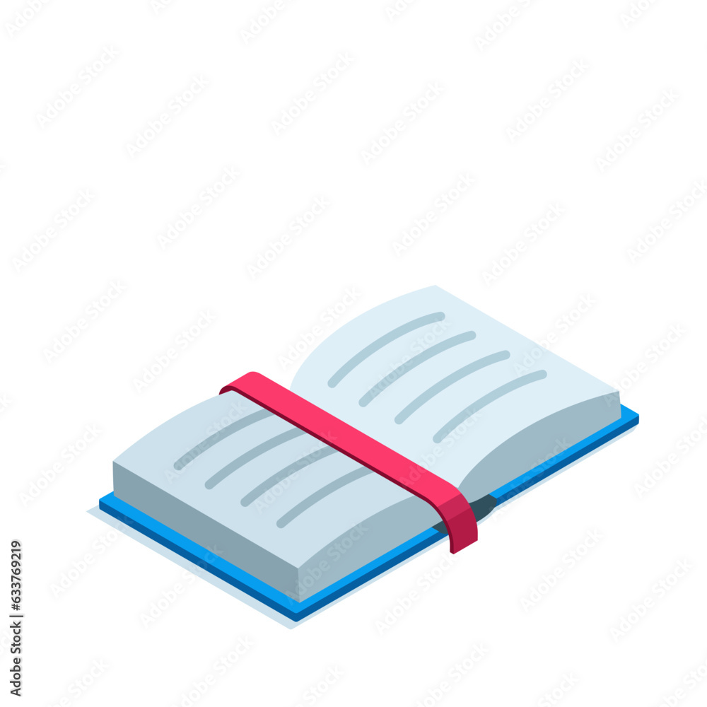 Poster isometric open book with a bookmark in color on a white background, studying or reading in the libra