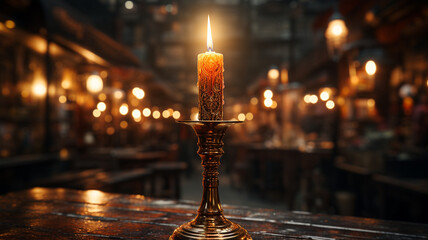 a glass of wine and a candle on the background of the old town - obrazy, fototapety, plakaty