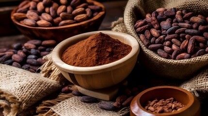 Raw cocoa beans, clay bowl with cocoa powder. Cocoa powder in a bowl and cocoa beans on wooden background.