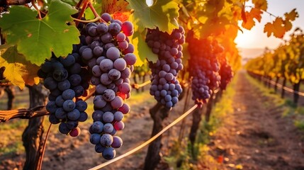 Ripe grapes in vineyard at sunset, Tuscany, Italy.	