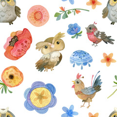 Watercolor cartoon pattern. Cute birds and flowers
