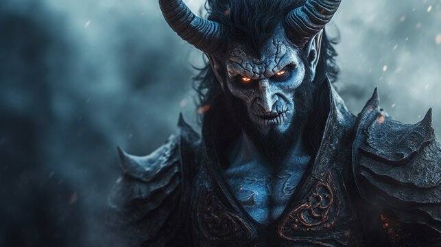 a demon with red eyes black hair and beard blue horns.Generative AI